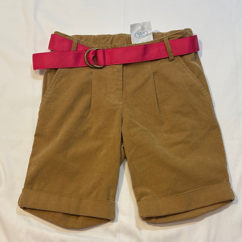 NWT Khaki Corduroy Rolled Hem Bermuda Shorts with Pink Ribbon Belt, Size 10 Kids